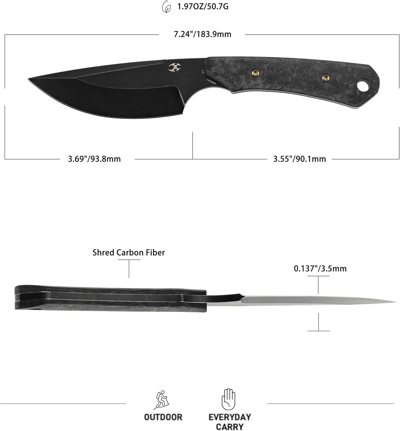 KANSPET Flank Fixed Blade Knife, 3.69" Black Stonewashed Sharp D2 and Shred Carbon Fiber Ergonomics Handle, Adjustable Kydex Sheath for EDC Hunting Survival Camping G006A1