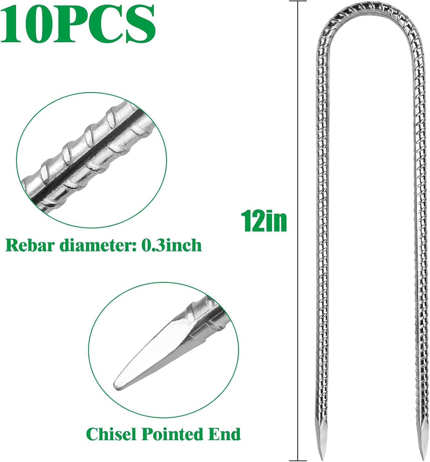 12 Inch Rebar Stakes,10 Packs Heavy Duty Metal U Hook Garden Ground Stakes for Camping Tent Canopy or Supporting for Garden Landscapes Fences Stakes (U Shape-Silver, U-12"x0.3"-10pcs)