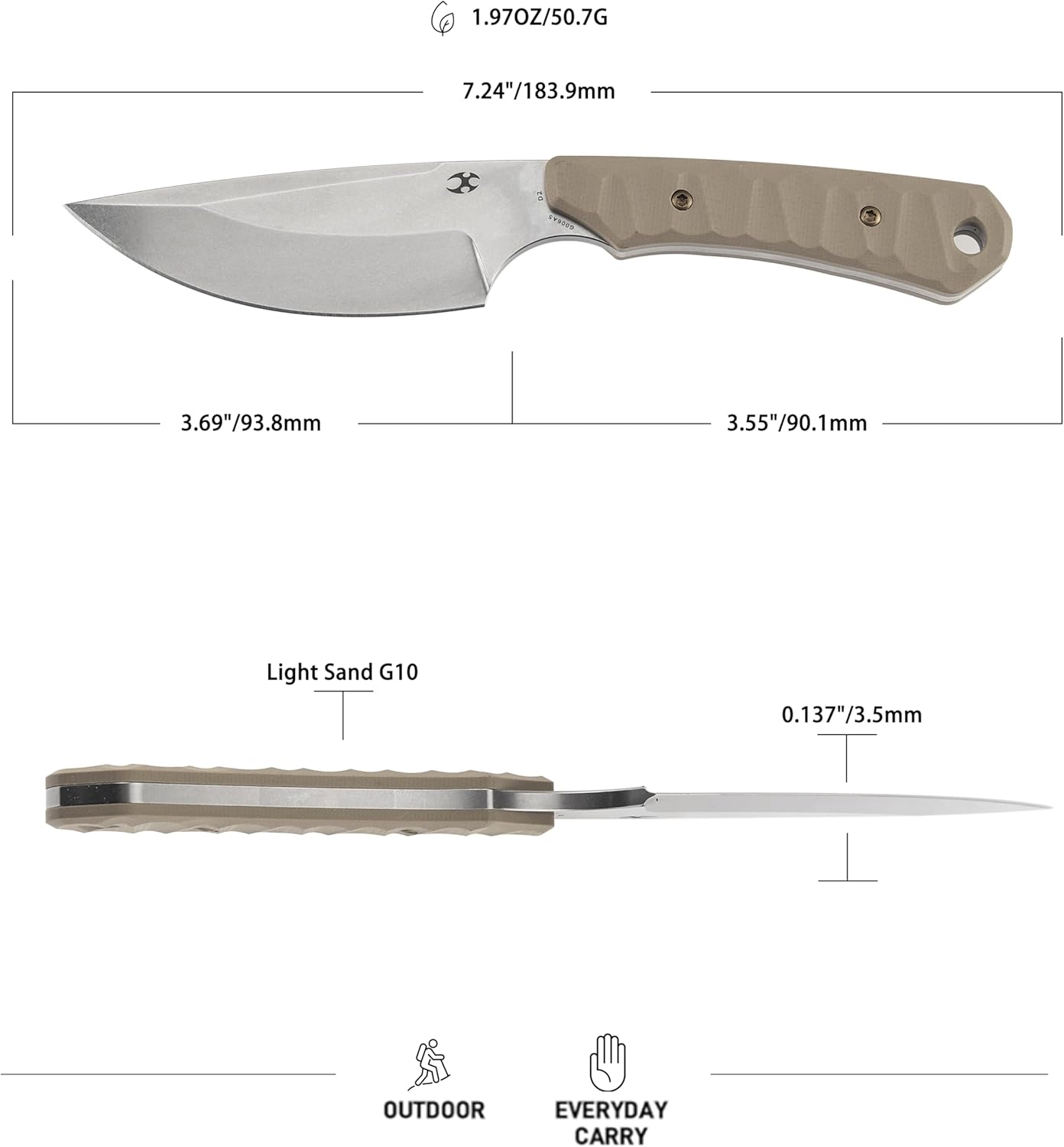 KANSPET Flank Fixed Blade Knife, 3.69" Stonewashed Sharp D2, Light Sand G10 Ergonomics Handle, Adjustable Kydex Sheath for EDC Hunting Survival Camping G006A5