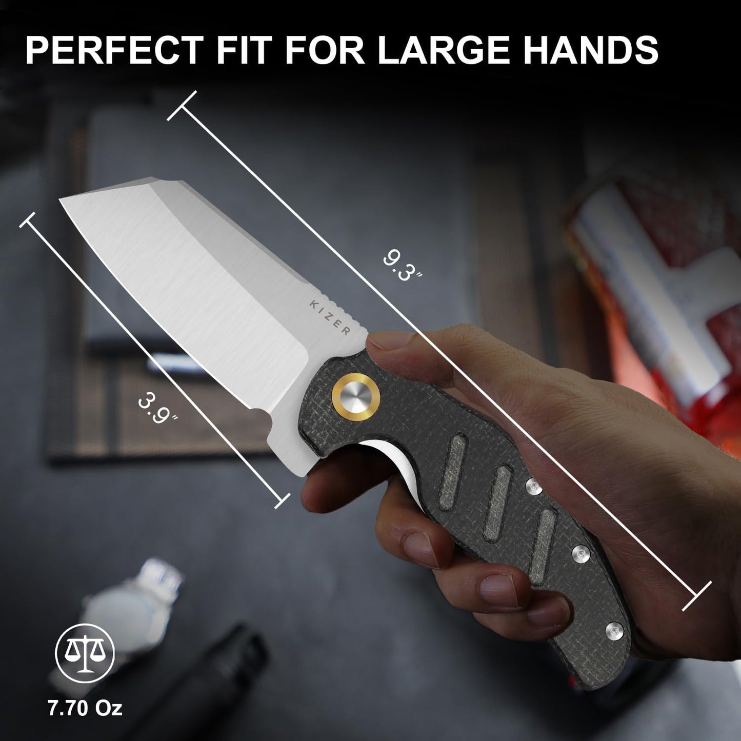 Kizer C01C XL Sheepdog Pocket Knife, 3.9" 14C28N Sheepsfoot Blade EDC Folding Knife with Black Burlap Norplex UltreX™ Micarta Handle, Liner Lock, Flipper, Camping Knives for Men Women, V5488M2