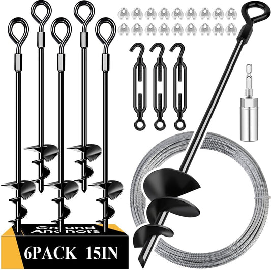 15in 6 Pack Ground Anchors with 1/8" Galvanized Cable Shed Anchor Kit, Trampoline Stakes Anchors High Wind – Ideal for Canopies, Sheds, Car Ports, Swing Sets Gazebo Greenhouse (15 in of 6 Pcs)