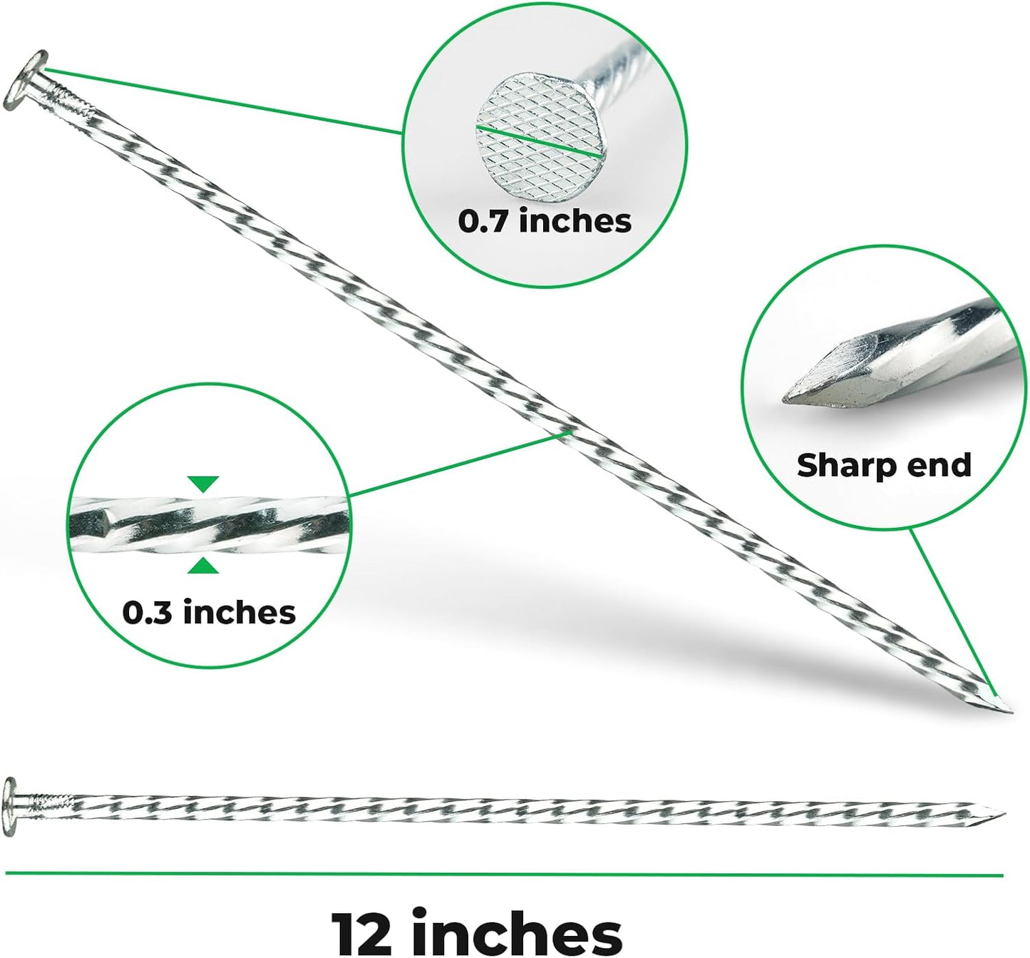 12 Inch Galvanized Landscape Stakes - 90pcs Spiral Metal Round Anchoring Spikes, 0.7 Inch Extra Large Top, for Securing Paver Edging, Weed Barrier, Camping Tent