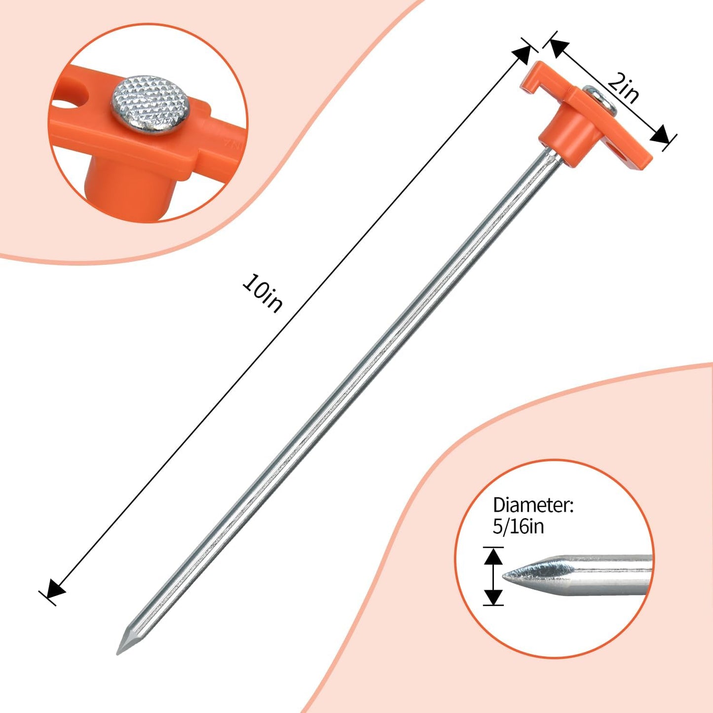 10 Pack 10in Heavy Duty Tent Stakes, Non-Rust Metal Camping Stakes, with Storage Pouch, for Tent, Tarp, Canopy, Picnic, Shade