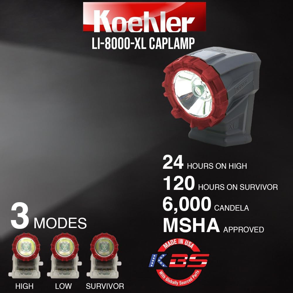 Koehler LI-8000-XL LED Cap Lamp – MSHA Certified, 185 Lumens, Water & Drop Resistant, Advanced LED Technology, Made in USA – Durable Mining Headlamp for Maximum Safety