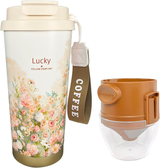 17oz Camping Coffee Makers with Ceramic Coating,Camp Pour Over Coffee Maker Set,Double Wall Vacuum Leak-Proof Mug for Office School Party Camping,Tea Infuser Mug for Loose Leaf Tea (17oz Lucky)