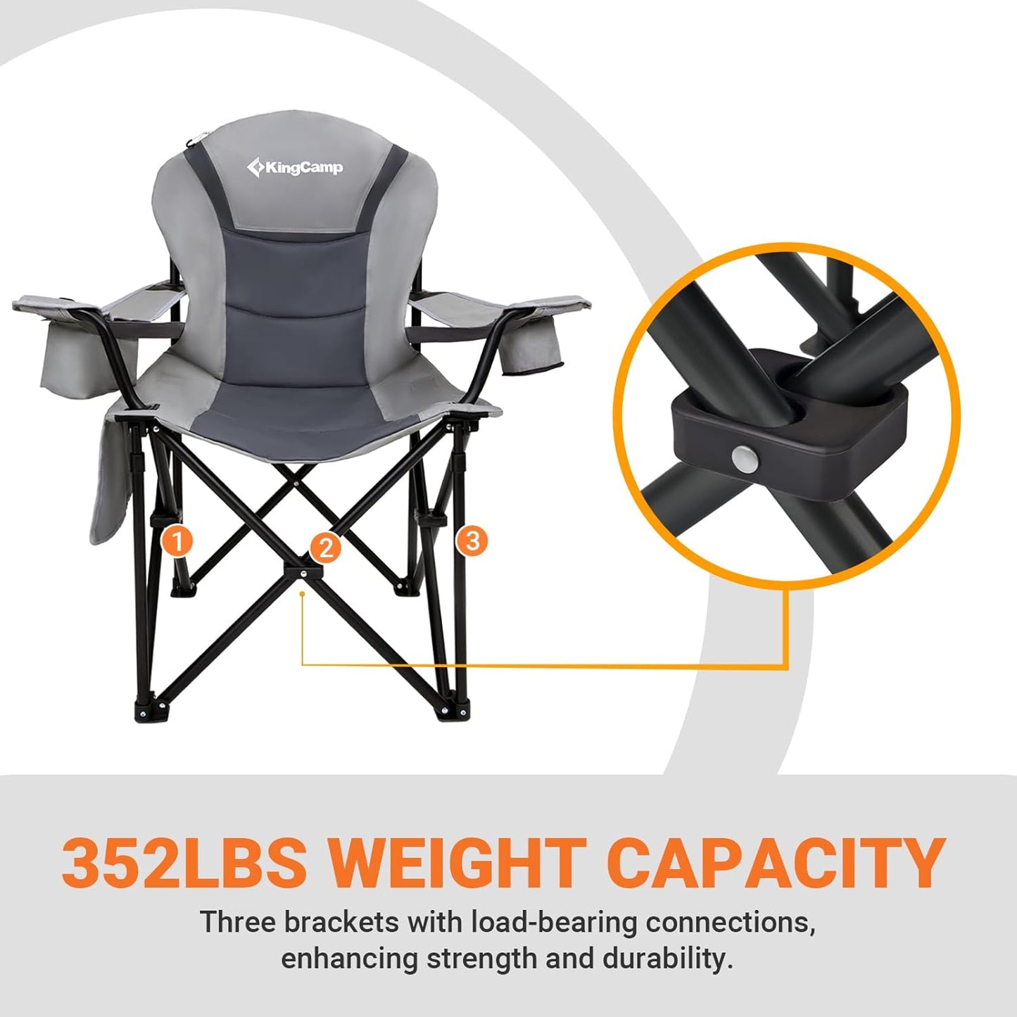 KingCamp Oversized Camping Folding Chair with Lumbar Support, Heavy Duty Ergonomic Padded Arm Chair with Cooler Bag, Cup Holder, Portable for Outdoor