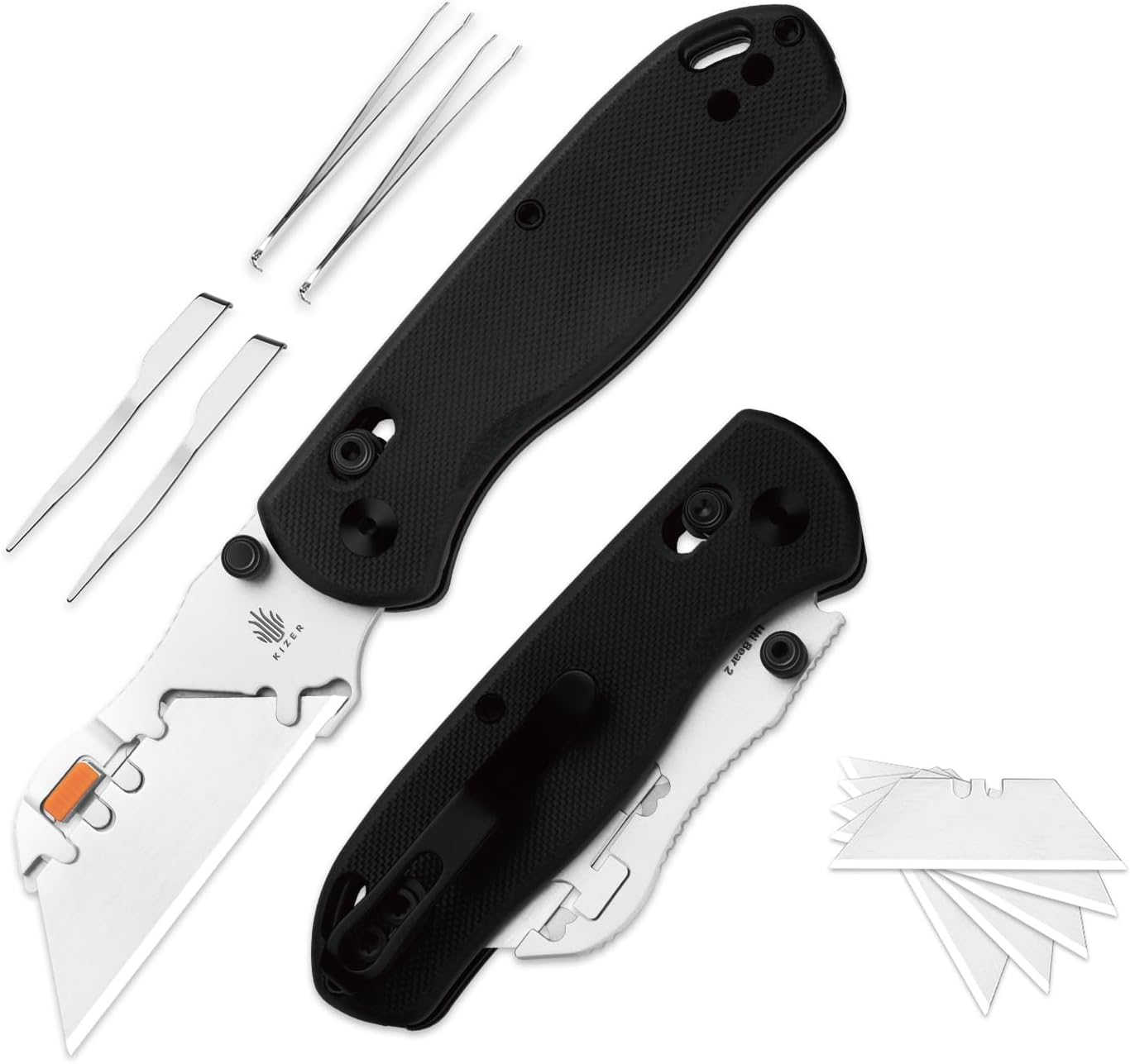 Kizer Uti Bear(Tool-Free Version) Folding Utility Knife, Quick Change Box Cutter EDC knife with 5PCS Razor Blades, Clutch Lock & Pocket Clip Small Pocket Knives for Men Women V3619JM2