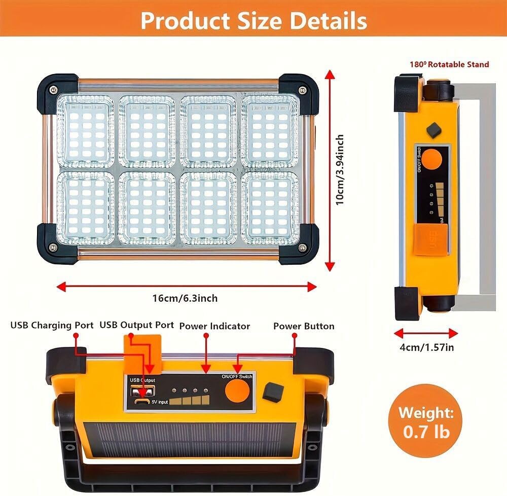 120W LED Solar Work Light, 144 LED 10000LM Portable Flood Light with Stand, 4 Modes Rechargeable, IP65 Waterproof Outdoor Working Light for Camping, Fishing, Car Repair & Mechanics (1)