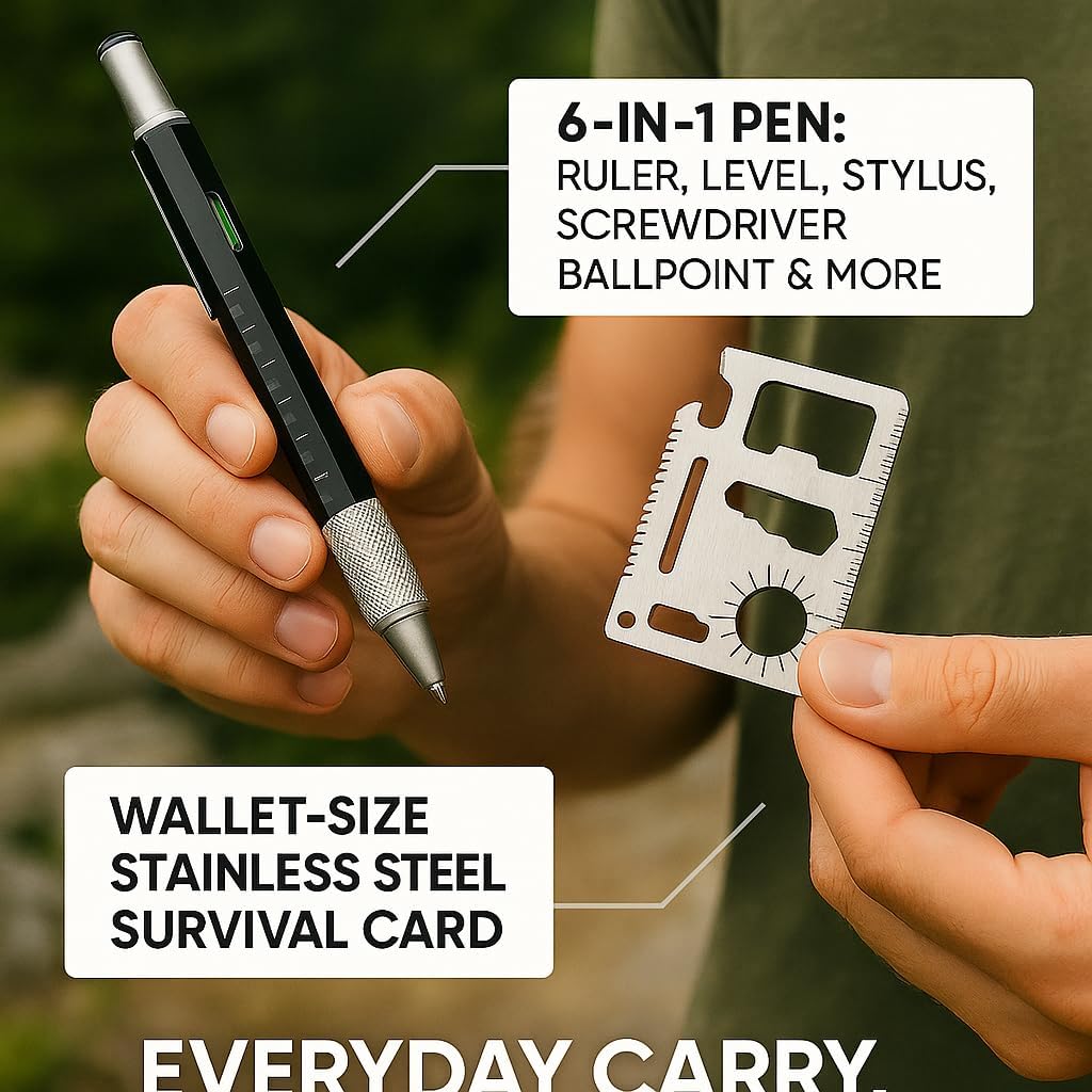 12-in-1 Tactical Pen & Stainless Steel Multitool Card Gift Set | Slim Wallet Survival Gear & Everyday Carry EDC Tools for Men & Women | Pocket Gadget Combo | Camping, Travel & Holiday Gift (2-Pack)
