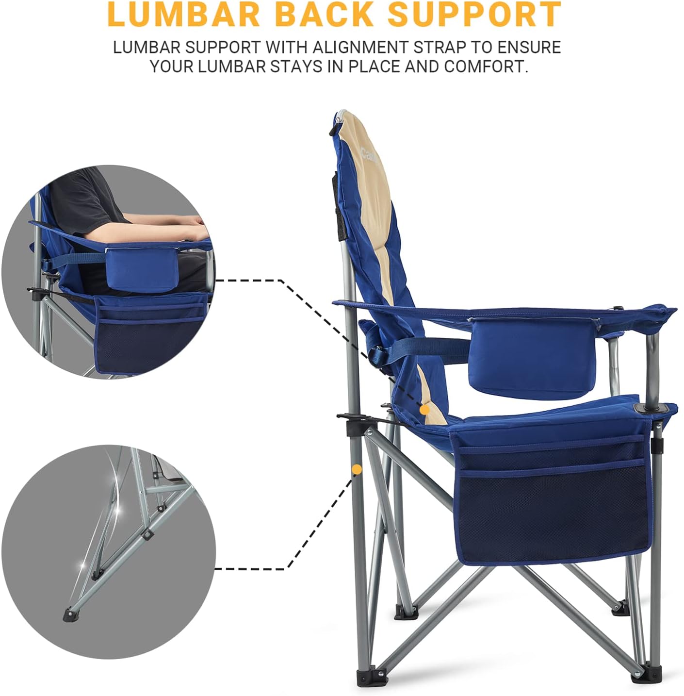 KingCamp Heavy Duty Camping Chair Lumbar Back Support Folding Deluxe Seat with Cooler Bag and Armrest Cup Holder