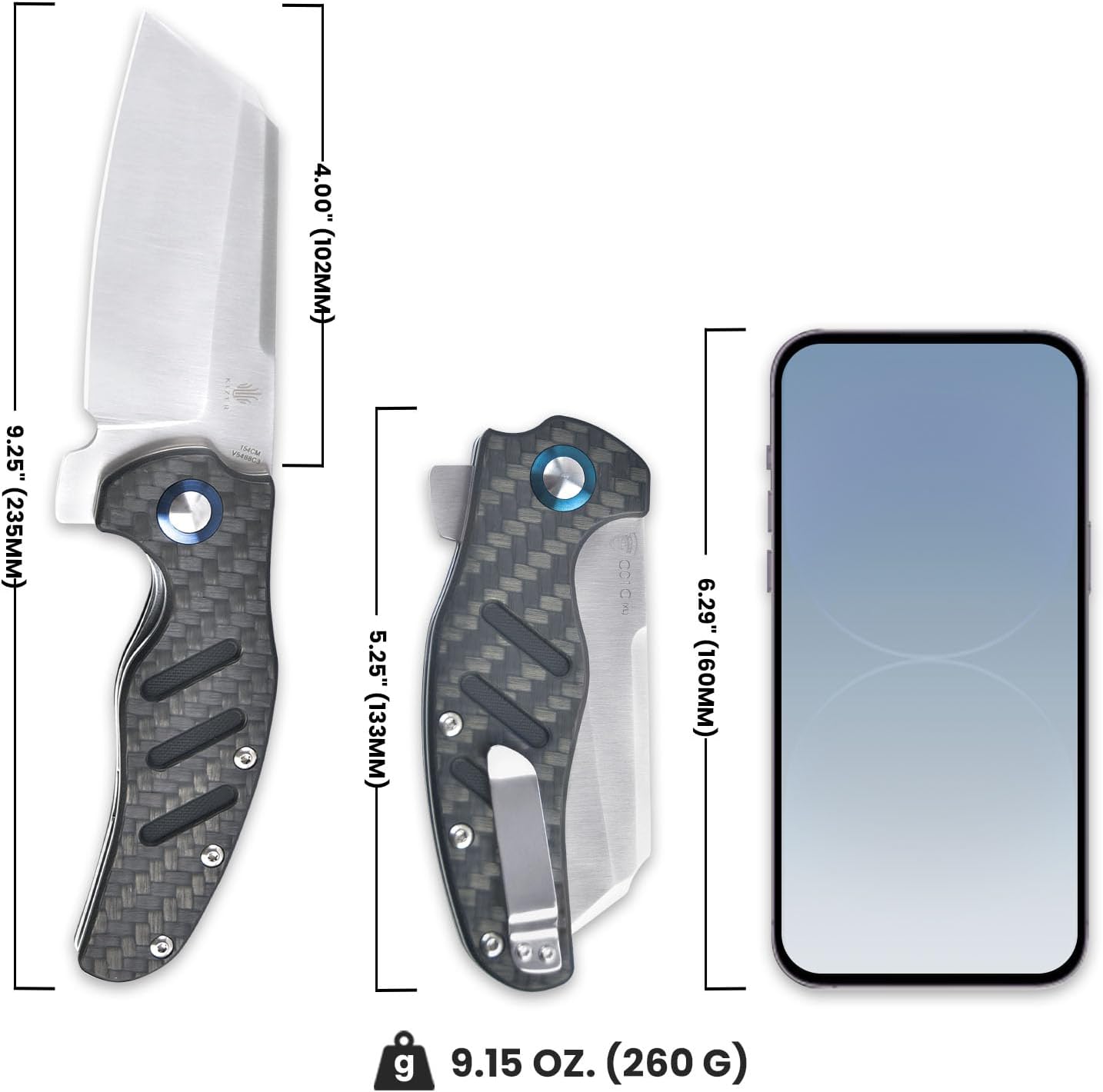 Kizer C01c (XL) Sheepdog Pocket Knife, 154CM Sheepsfoot Blade Folding Knife with Gray Carbon Fiber G10 Handle, Camping Knives with Clip for Men Women, EDC Hunting Survival Knives, V5488C3