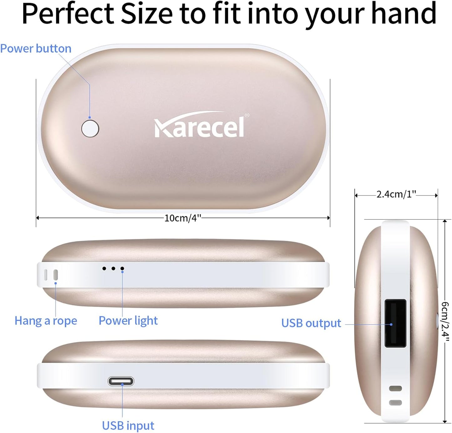 Karecel Rechargeable Hand Warmers 2 Pack, 10,400mAh Double Sided Heat Electric Hand Warmers Power Bank, Portable Pocket USB Heated Handwarmers, 4-inch Full-Surface Heat & Quick Charge, Men Tech Gifts