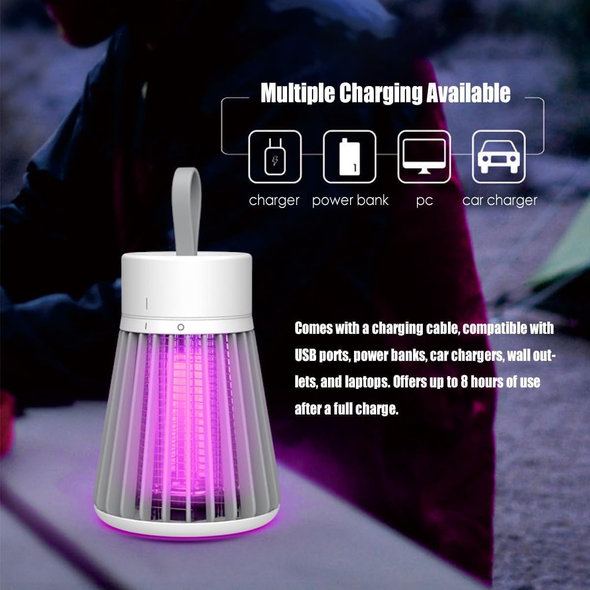 Bug Zapper Rechargeable, Hangable Mosquito Killer Lamp - Portable UV Insect Gnat Trap for Outdoor/Indoor, USB-Powered with Grid for Camping, Bedroom, Patio, Kitchen