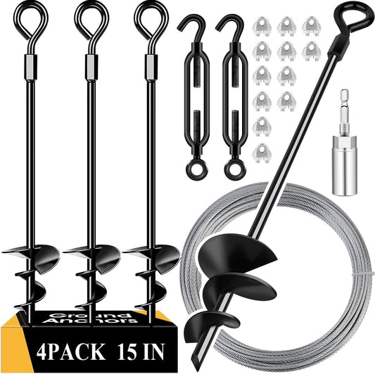 15in 4 Pack Ground Anchors with 1/8" Galvanized Cable Shed Anchor Kit, Trampoline Stakes Anchors High Wind – Ideal for Canopies, Sheds, Car Ports, Swing Sets Gazebo Greenhouse (15 in of 4 Pcs)