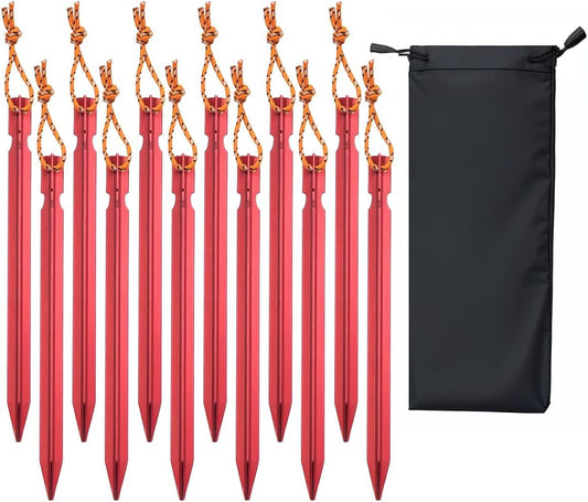 12 Pack Tent Stakes, 7-inch Ultralight Aluminum Ground Pegs with Reflective Pull Ropes, Tri-Beam Stake in a Carrying Bag, for Camping, Backpacking, Hiking, Hammocks and Canopy, Red