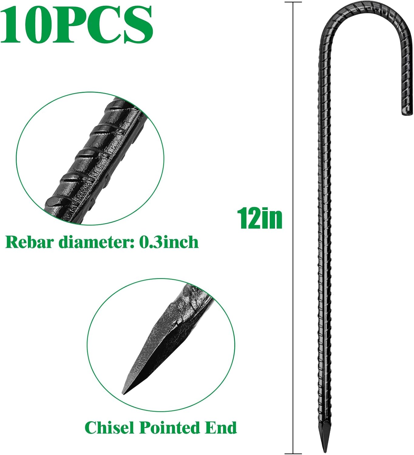 12 Inch Rebar Stakes,10 Packs Heavy Duty Metal J Hook Garden Ground Stakes for Camping Tent Canopy or Supporting for Garden Landscapes Fences Stakes (J Shape-Black, J-12 x5/16-10pcs)