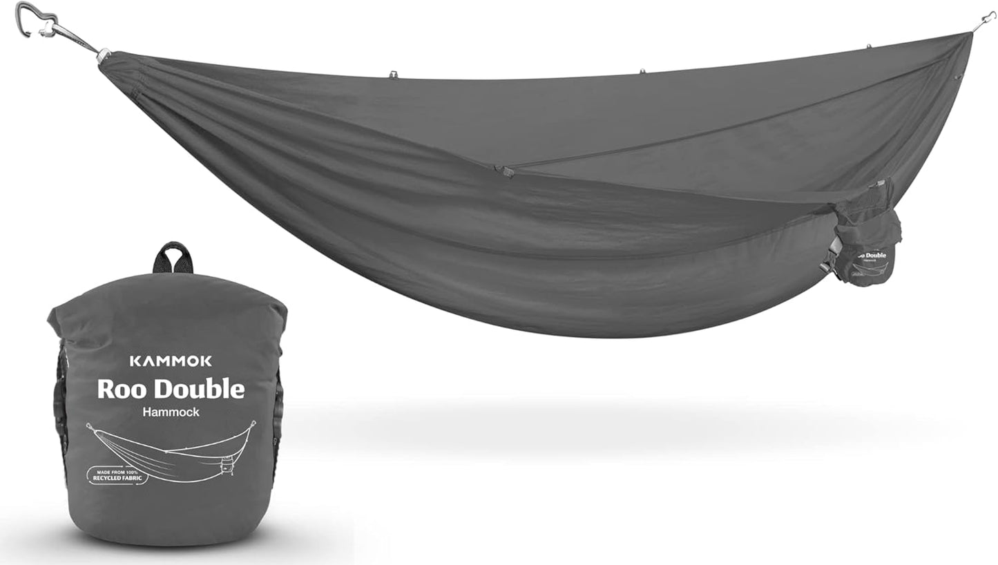 KAMMOK: Roo Double Hammock | Made from Strong & 100% Recycled Water Resistant Ripstop Fabric | Comfortable, Packable, Lightweight (Lifetime Adventure Grade Warranty), Granite Gray