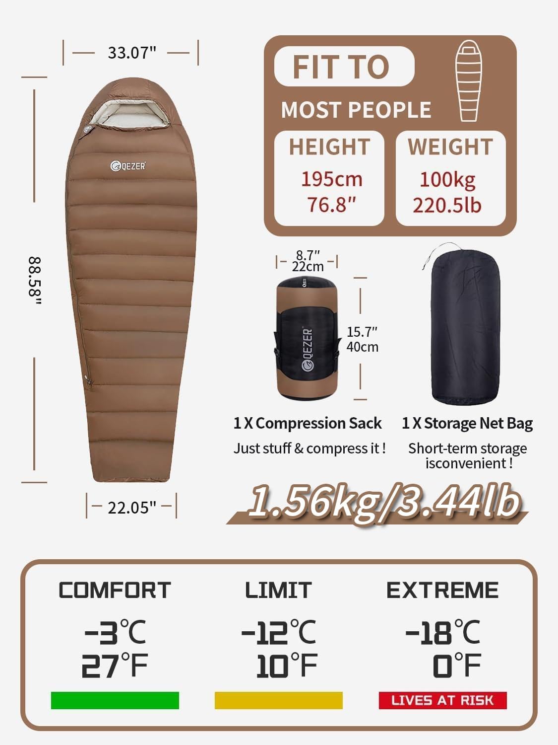 0 Degree Sleeping Bag for Adults 650 Fill Power Down Sleeping Bag for Cold Weather -20F / -8F / 0F / 10F Large Lightweight