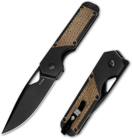 Kizer Militaw EDC Pocket Knife, 3.36'' Nitro V Blade Folding Knife, G10 & Micarta Handle with Pocket Clip, Thumb Hole & Front Flipper Opener, Camping Hunting Knife for Men Women Gift V3634A1