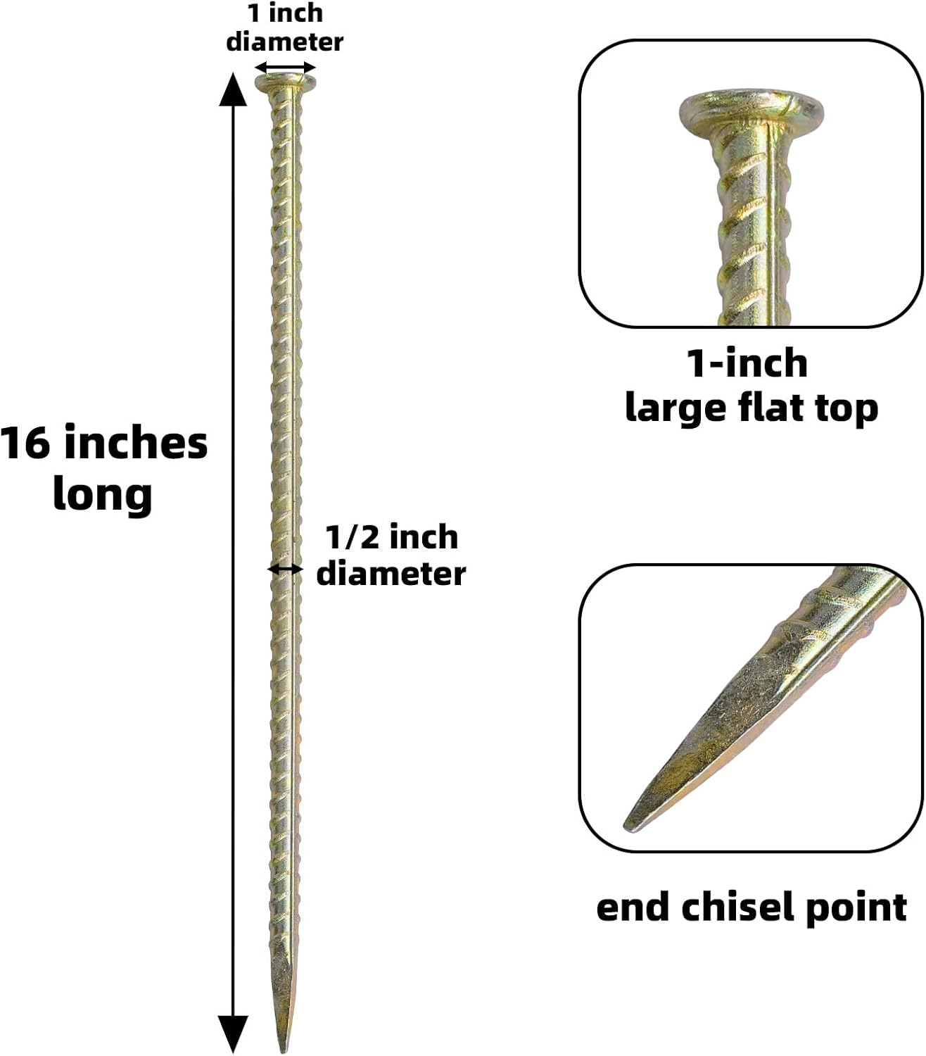16 Inch Rebar Stakes - 1/2 Inch Diameter Galvanized Steel Ground Anchors Hevy Duty Metal Garden Stakes for Camping Tent, Speed Bump, Hard Soil, Fence, Wheel Stop(8 Pack)
