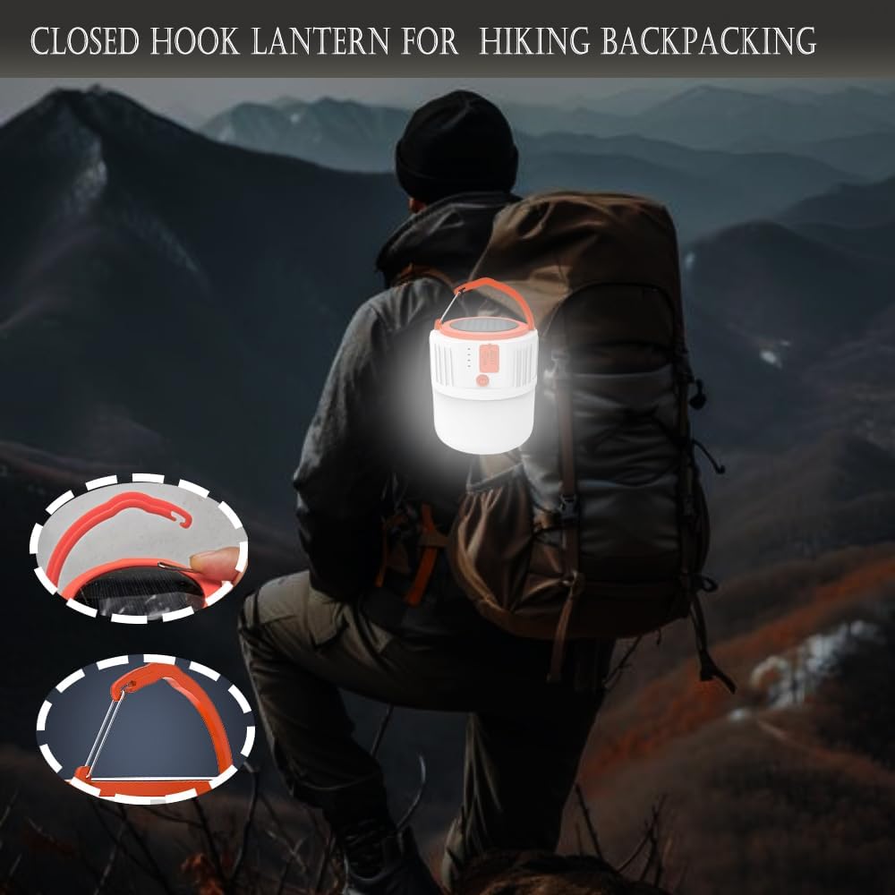 100W Solar Camping Lights Portable Rechargeable Lantern Hooked Hanging Tent Lamp Remote Battery Bulbs Outdoor 5000mah 5 Modes Waterproof for Power Outages Canopy Vendors Gathering Emergency 2 Pack