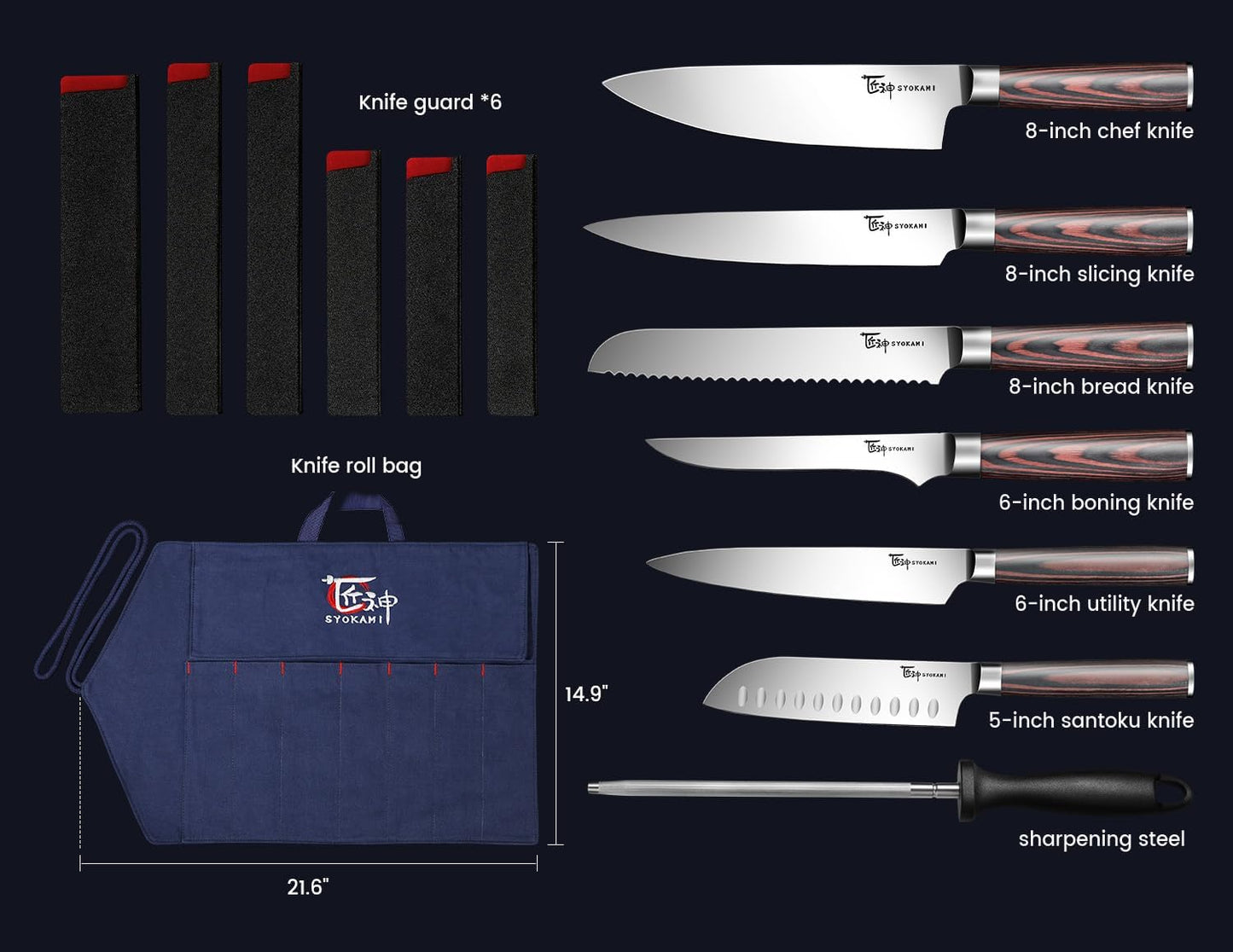 14pcs Chef Knife Set with Roll Bag, Professional Stainless Steel Japanese Knife Set with Pakkawood Handle for Professional Chef, Camping, Travel, BBQ, RV or Gift Blue