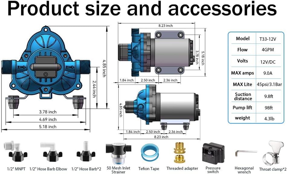 12V Electric High Pressure Water Pump with Diaphragm, Inline Water Transfer Pump, Camper Water System, On-Demand Water Pressure Booster Pump for Garden Hose & Water Pumps