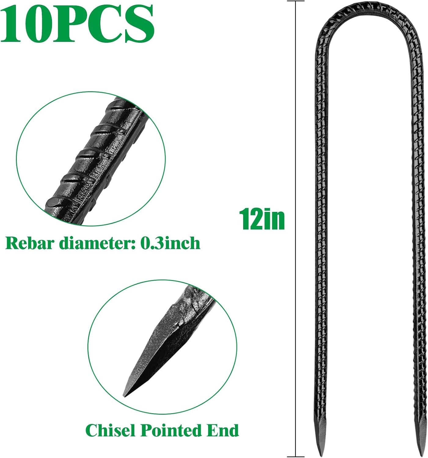 12 Inch Rebar Stakes,10 Packs Heavy Duty Metal U Hook Garden Ground Stakes for Camping Tent Canopy or Supporting for Garden Landscapes Fences Stakes(U Shape-Black, U-12"x0.3"-10pcs)