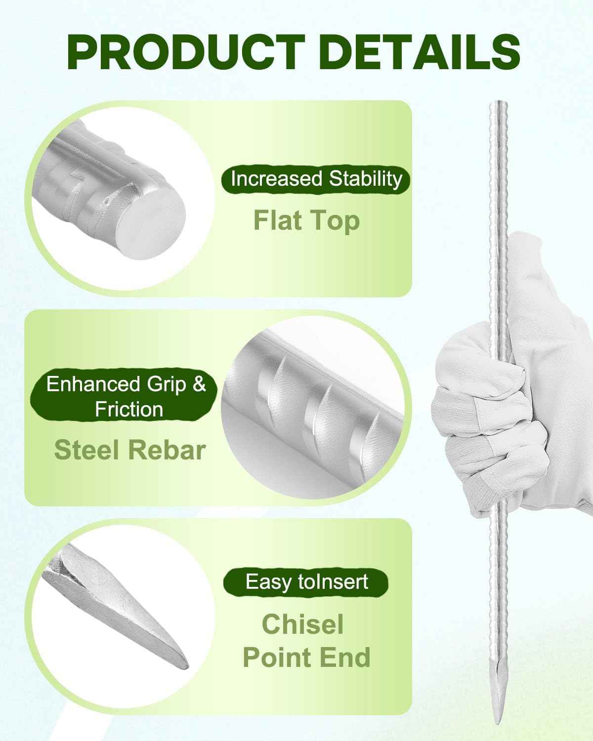 16 Inch Ground Rebar Stakes, 20 Pack Heavy Duty Steel Metal Stakes, Straight Steel Anchors with Chisel Point End, Ground Anchors for Concrete, Garden, Fence, Tent Support