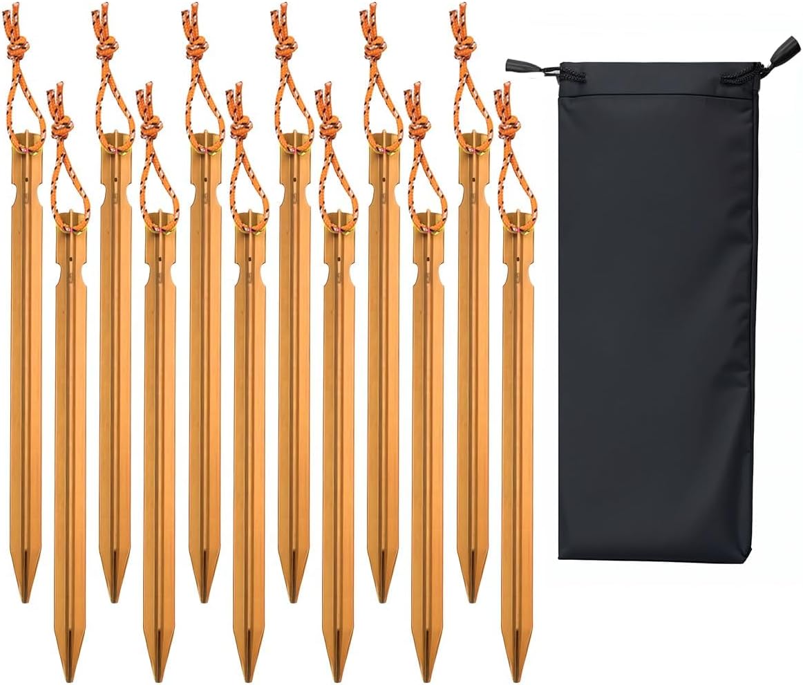 12 Pack Tent Stakes, 7-inch Ultralight Aluminum Ground Pegs with Reflective Pull Ropes, Tri-Beam Stake in a Carrying Bag, for Camping, Backpacking, Hiking, Hammocks and Canopy (Orange)
