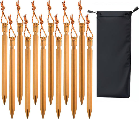 12 Pack Tent Stakes, 7-inch Ultralight Aluminum Ground Pegs with Reflective Pull Ropes, Tri-Beam Stake in a Carrying Bag, for Camping, Backpacking, Hiking, Hammocks and Canopy (Orange)