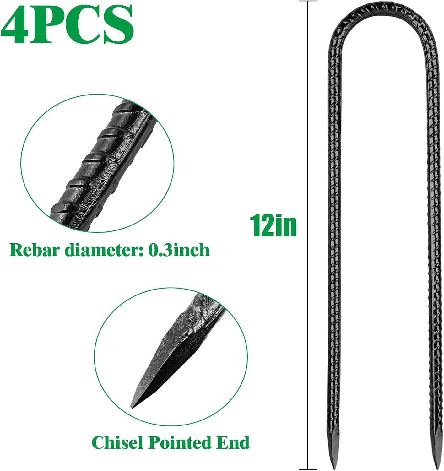 12 Inch Rebar Stakes,4 Packs Heavy Duty Metal U Hook Garden Ground Stakes for Camping Tent Canopy or Supporting for Garden Landscapes Fences Stakes (U Shape-Black, U-12"x0.3"-4pcs)