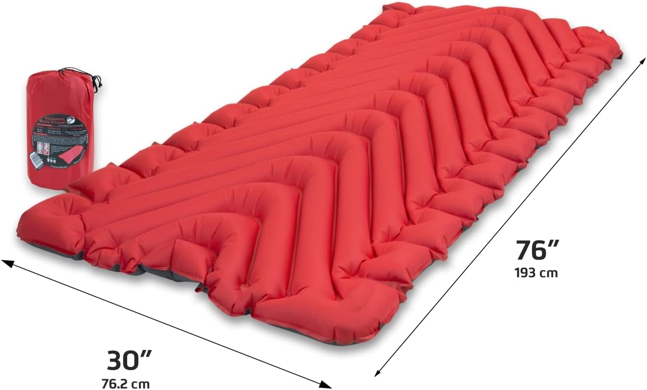 Klymit Insulated Static V Luxe Inflatable Sleeping Pad for Camping, Lightweight Hiking and Backpacking Air Bed For Cold Weather,Red