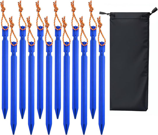 12 Pack Tent Stakes, 7-inch Ultralight Aluminum Ground Pegs with Reflective Pull Ropes, Tri-Beam Stake in a Carrying Bag, for Camping, Backpacking, Hiking, Hammocks and Canopy (Blue)