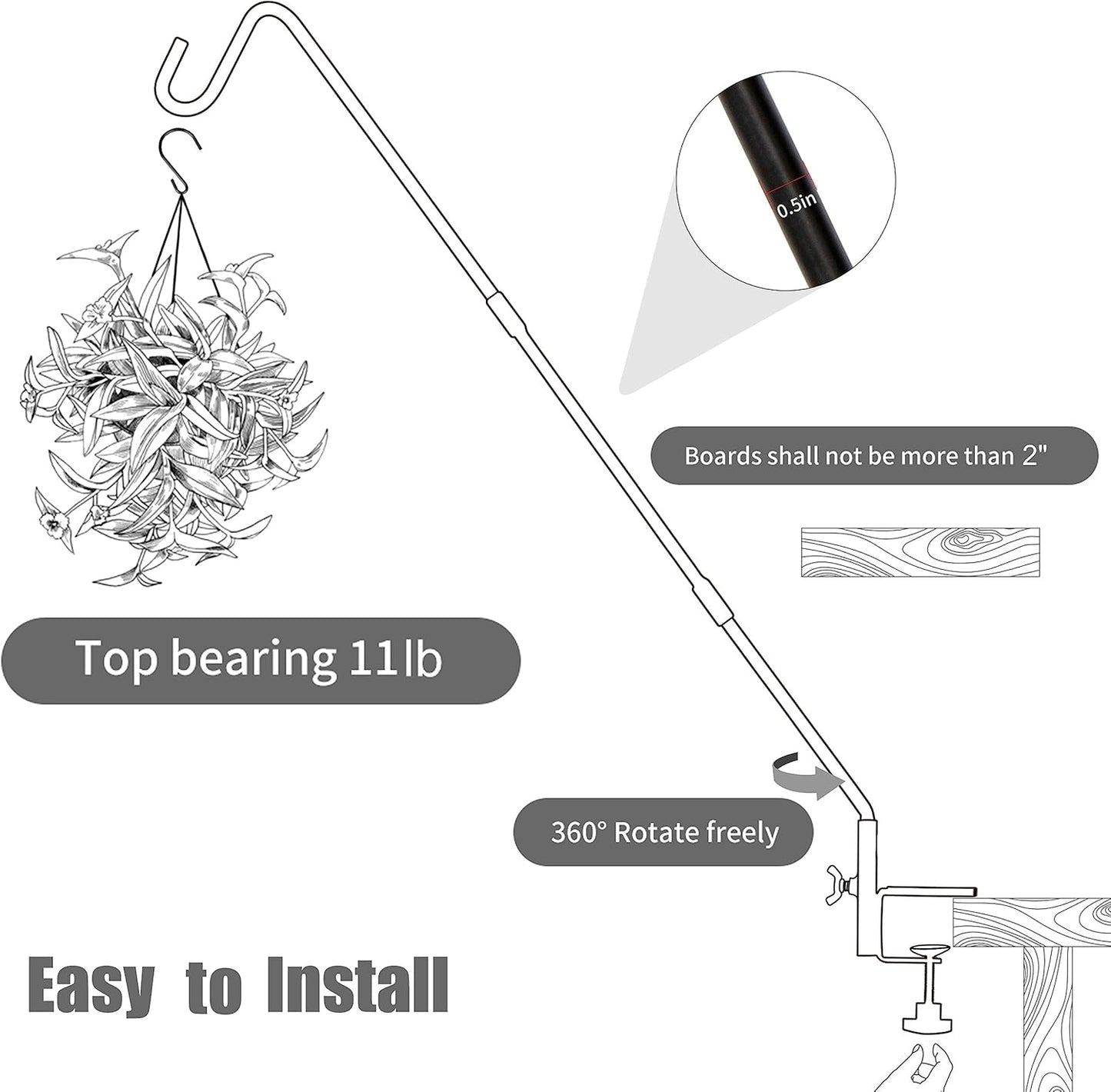 Juegoal 2 Pack Heavy Duty Deck Hook with 2 Inch Non Slip Clamp, 25 to 36 Inch Extended Reach Deck Hook, Adjustable Rail Pole Plant Bracket for Hanging Bird Feeder, Suet Baskets, Lanterns, Wind Chimes