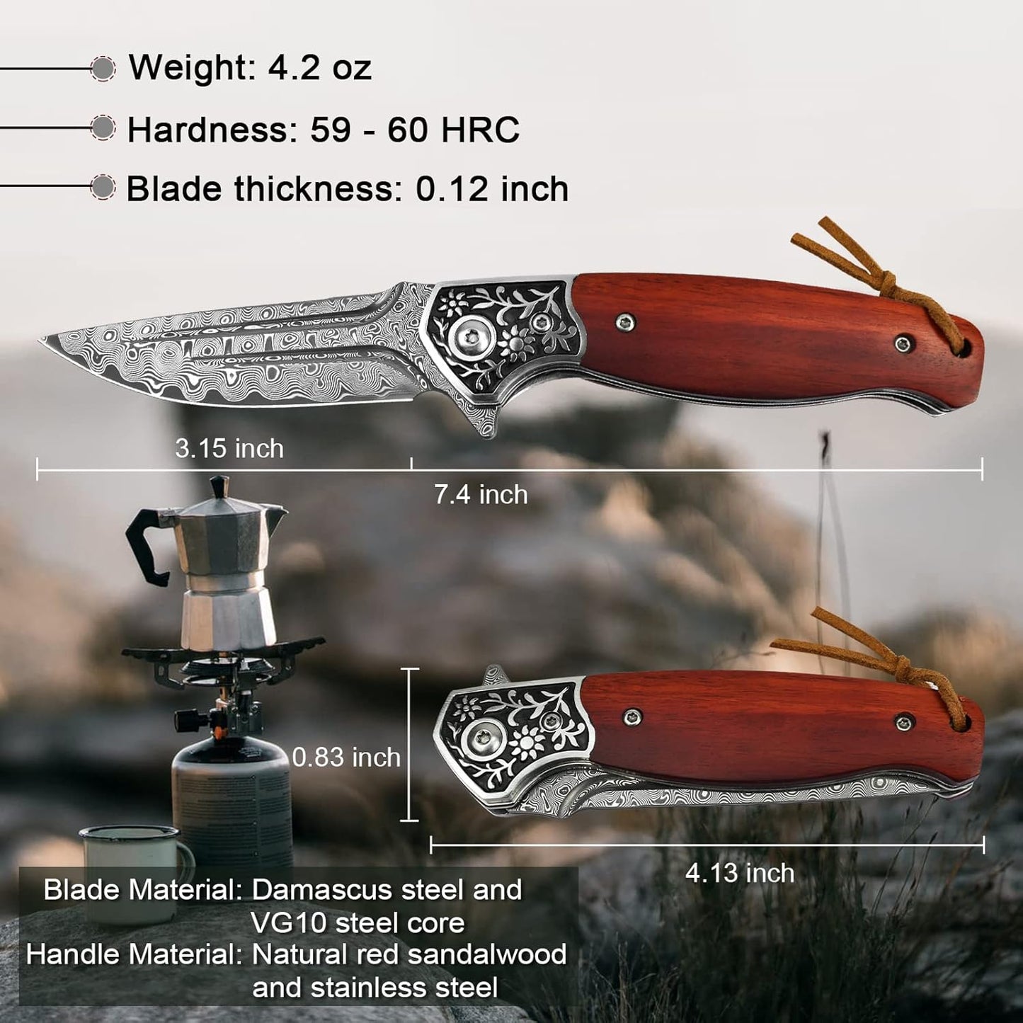 KOMWERO Damascus Pocket Knife, VG10 Damascus Steel Folding Knife with Wood Handle, Leather Sheath, Liner Lock, EDC Knife for Outdoor Survival Hunting Collection