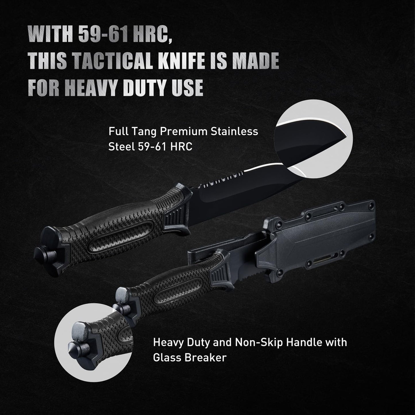 10" Fixed Blade Tactical Knives with Sheath and Clip, Stainless Steel Survival Hunting Bushcraft Full Tang Non-Slip Handle Knife for Camping, Hunting, Adventure, Outdoors, EDC, Black