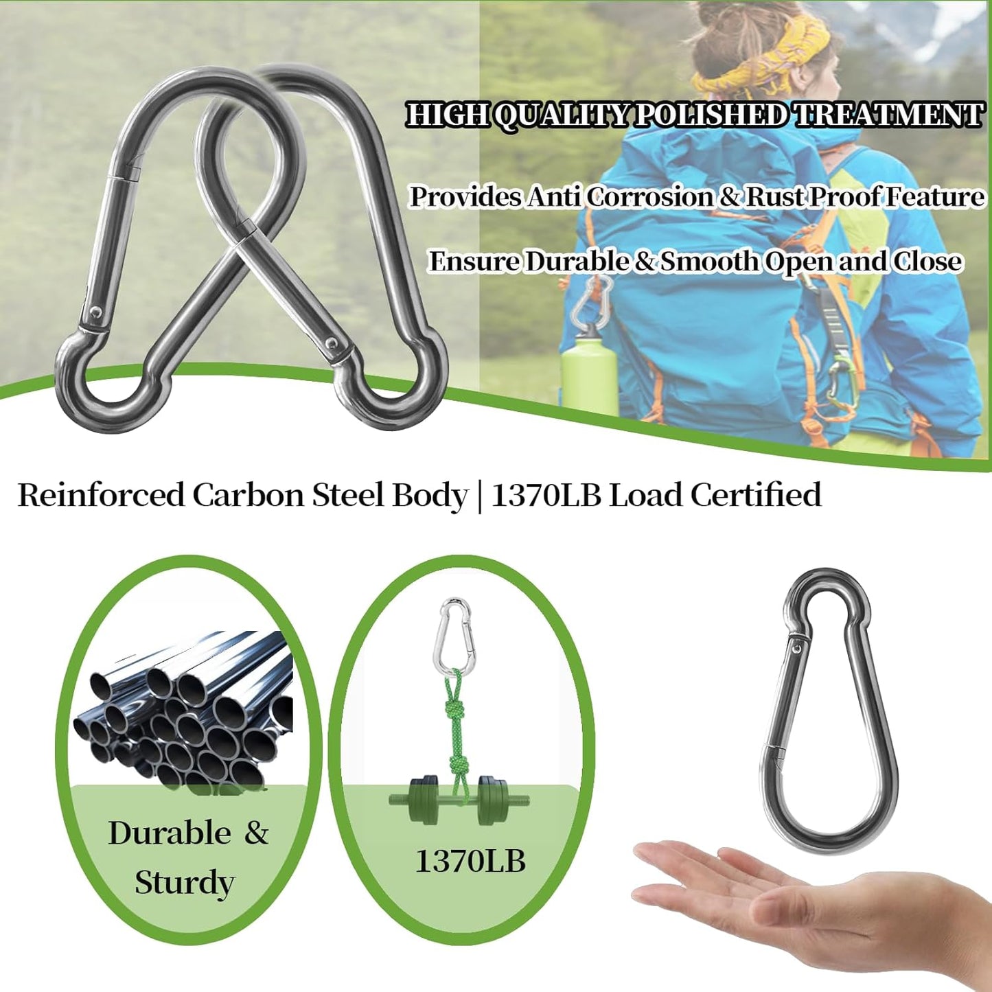 12Pack 5.5 Inch 12MM 1/2” Spring Snap Hook Carabiner Clips, Heavy Duty Large Chain Link Clip Hooks for Swing, Hammock, Gym, Outdoor – Carabiner Clips Heavy Duty for Boating, Fitness, Camping