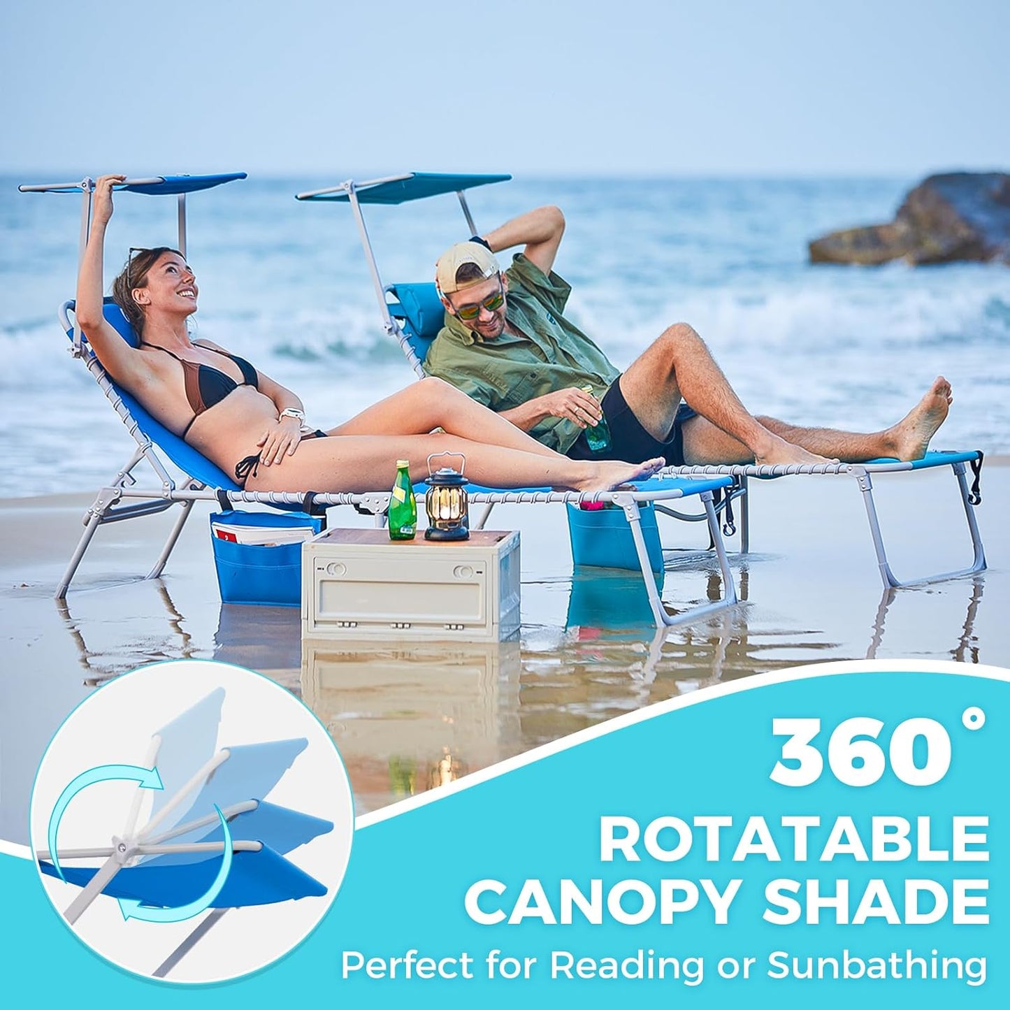 #WEJOY Folding Lounge Chair with Canopy Shade, Portable Adjustable 5-Position Patio Chaise Lounger with Pillow & Storage Pocket for Lay Flat Outdoor Lawn Backyard Beach Camping Pool Tanning (Blue)