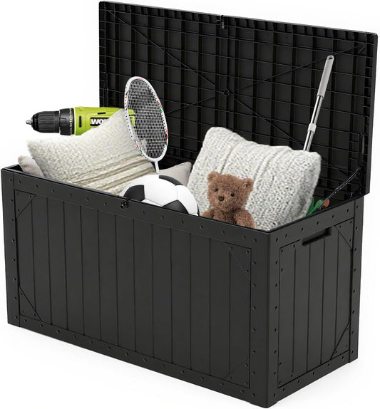 100 Gallon Resin Deck Box, Waterproof Outdoor Storage Bin for Patio Furniture, Pool Accessories, and Garden Tools, Lockable & UV-Resistant, Black