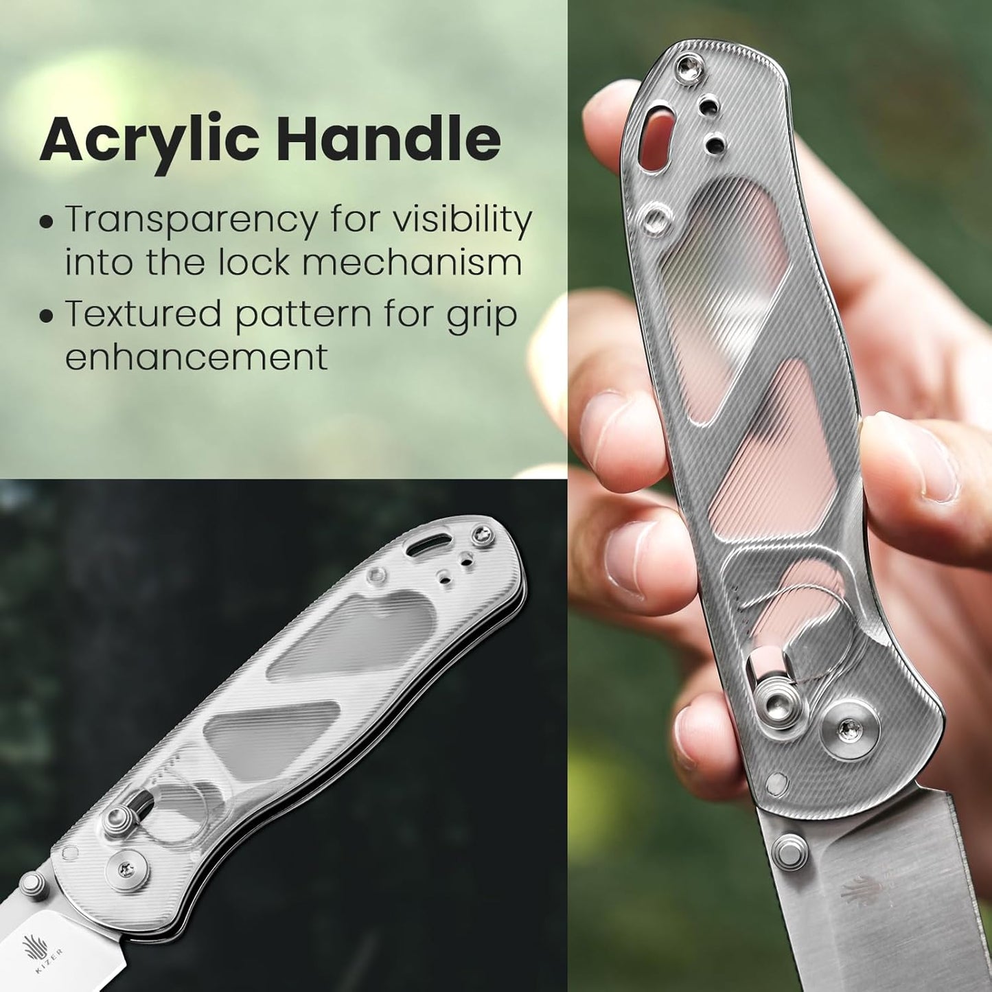 Kizer Drop Bear EDC Pocket Knife, 2.98” Nitro-V Steel Blade Acrylic Handle Folding Knife with Thumb Stud Opener, Clutch Lock Knife for Men Women Gift V3619A1