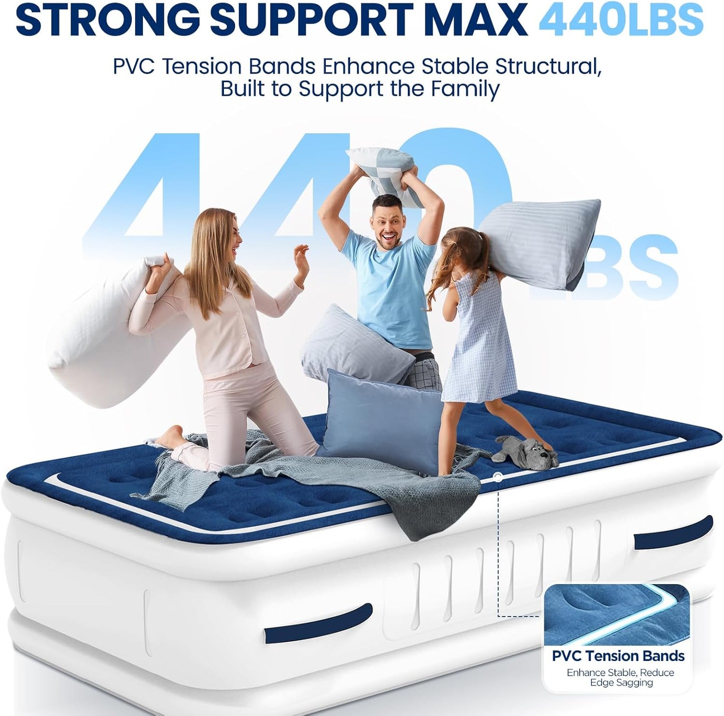 KINGJERRY Twin Air Mattress with Built in Pump and 4 Portable Handles, 18" Raised Comfort Blow Up Mattress for Guests, 440lb Support Air Bed with Carry Bags, Heavy Duty Inflatable Bed for Home&Camping