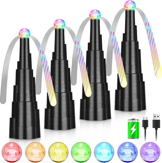 Fly Fans for Tables, Rechargeable Fly Fan Table Top Fan with LED Light, Fly Spinner with Soft Holographic Blades for Picnic, Restaurant, Party, Home, and BBQ (4 Pack)
