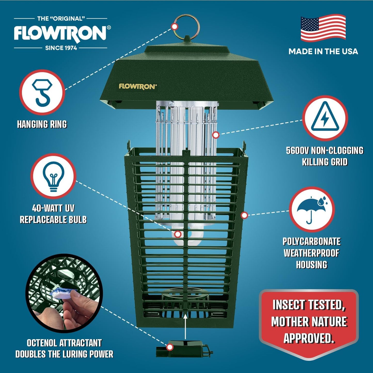 Flowtron Bug Zapper, 1 Acre of Outdoor Coverage with Powerful 40W Bulb & 5600V Instant Killing Grid, Electric Insect, Fly & Mosquito Zapper, Made in The USA - Green Color