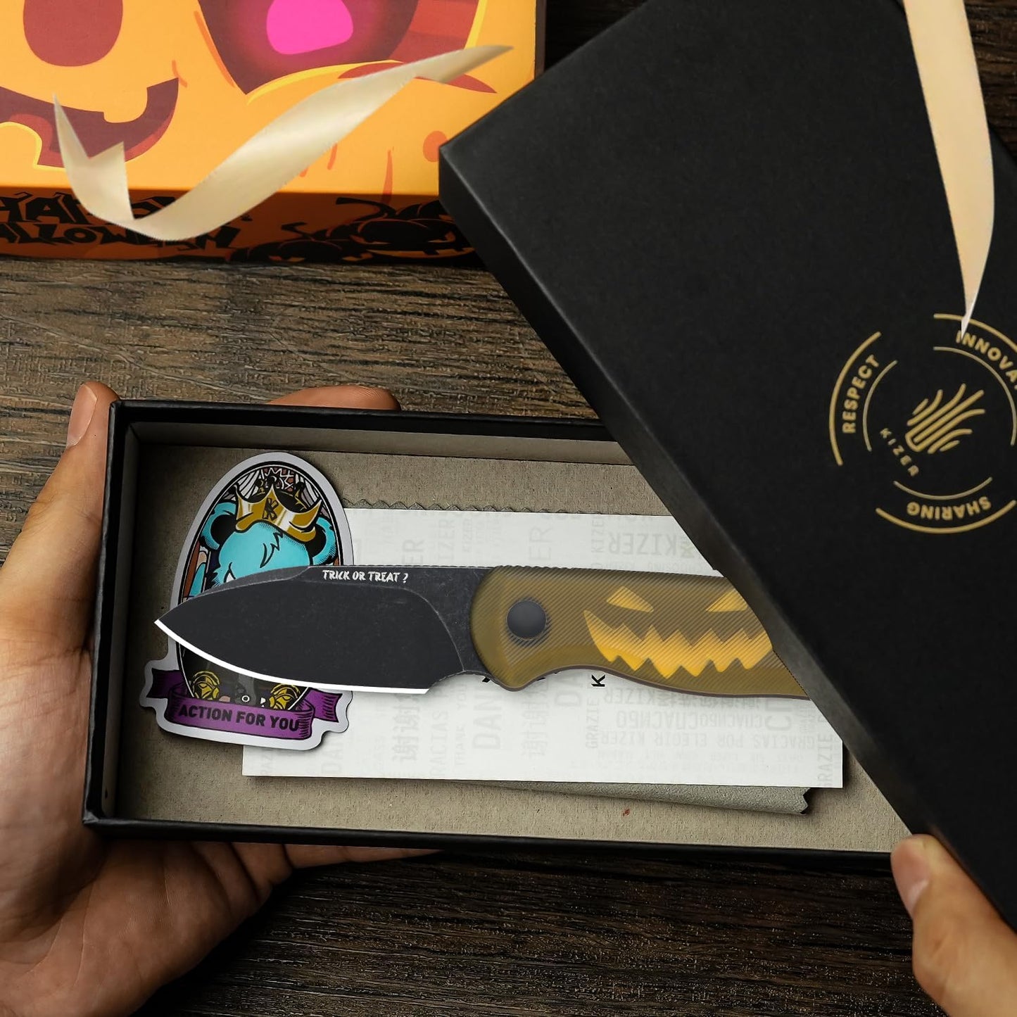 Kizer Drop Bear Fixed Blade Knife, 2.57" 14C28N Blade Halloween EDC Camping Knife with Yellow PEI Handle, Small Hunting Knives with Kydex Sheath, Survival Knives for Men Women, 1094HW2