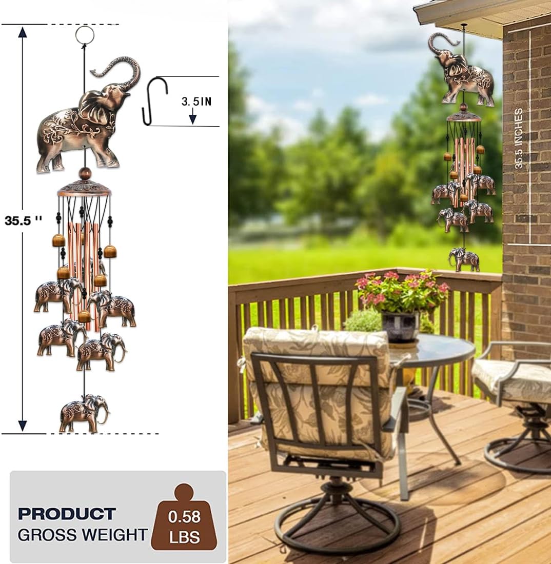 JUNQIU Elephant Wind Chimes, Elephant Gifts for Women, Copper Elephant Wind Chime for Outside Yard Garden Decor, Christmas Wind Chimes Gifts for Grandma Mom