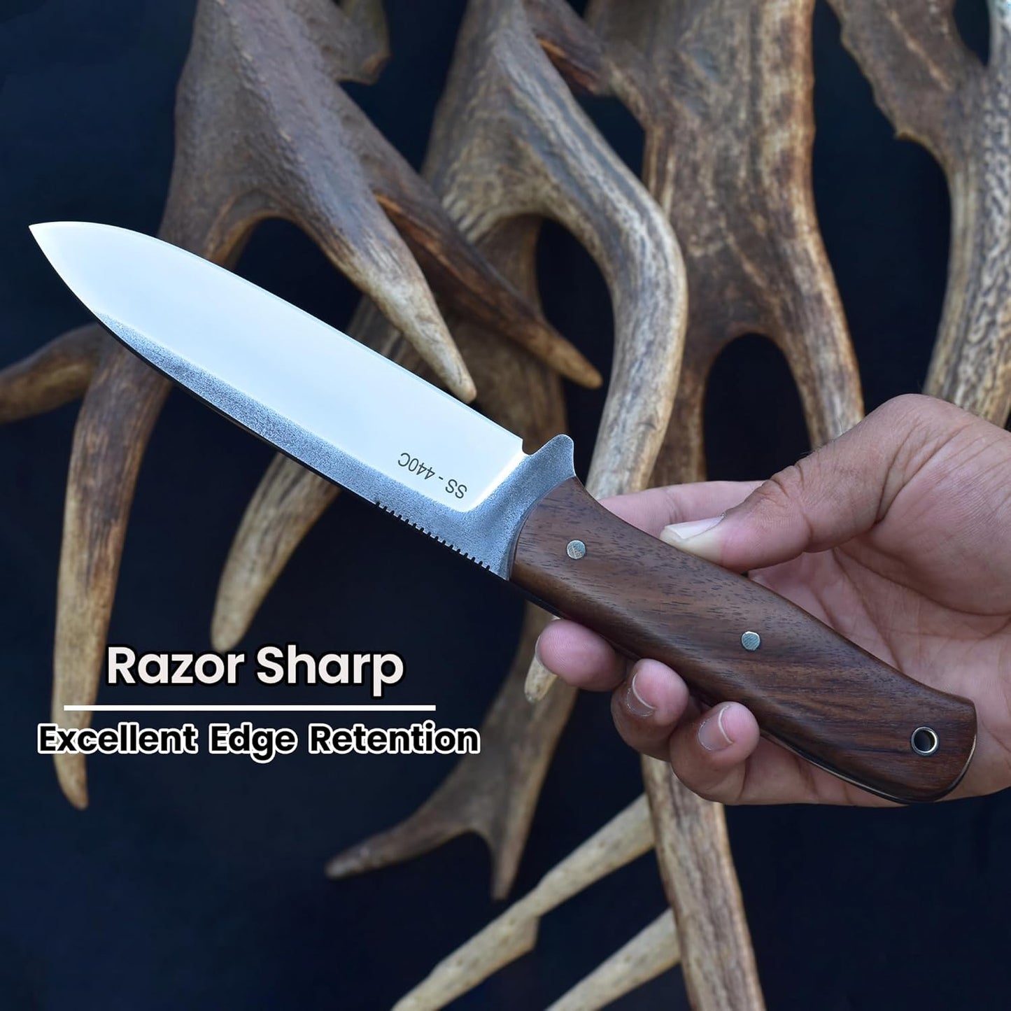 Knives Ranch 10" Bushcraft Knife - Full Tang - 59 Hardness - High Carbon SS 440C - Genuine Leather Sheath - Horizontal/Vertical Carry (Camper Pro 3091-SS-IRW)