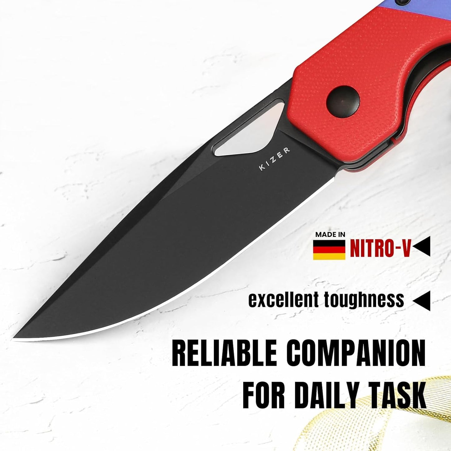 Kizer Militaw EDC Pocket Knife, 3.36'' Nitro V Blade Folding Knife, Red & Blue G10 Handle with Pocket Clip, Thumb Hole & Front Flipper Opener, Camping Hunting Knife for Men Women Gift V3634A2