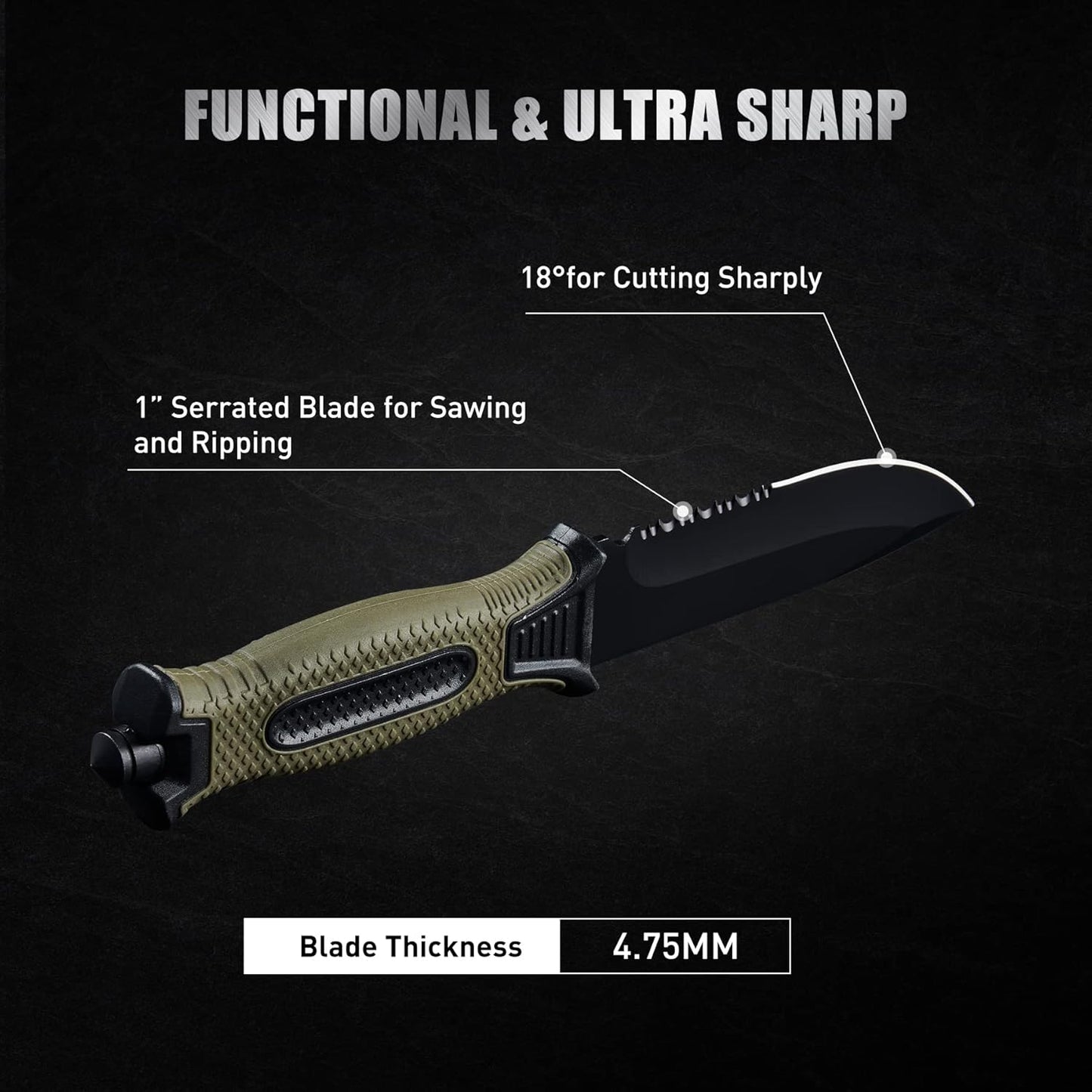 10" Fixed Blade Tactical Knives with Sheath and Clip, Stainless Steel Survival Hunting Bushcraft Full Tang Non-Slip Handle Knife for Camping, Hunting, Adventure, Outdoors, EDC，Military Green