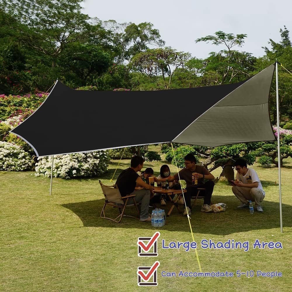 16x16 ft Large Camping Tarp Waterproof Hammock Rain Fly Camping Awning Sun Shelter (Without Pole) (Black)